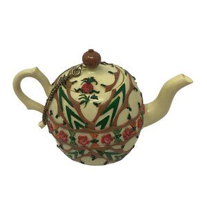 Vintage Nini Japan Hand Painted Teapot Trinket Box Floral Staffordshire Style